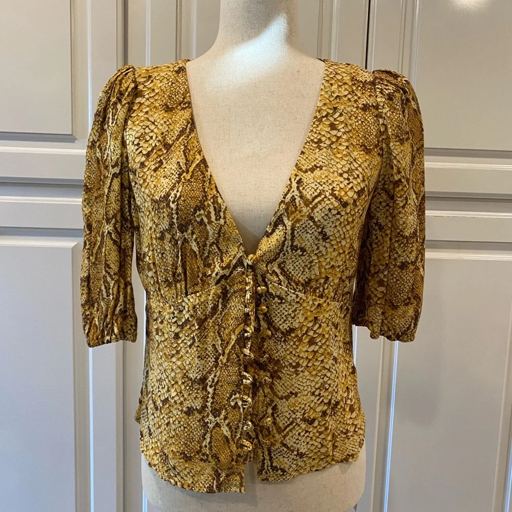 Reformation Gold Puff Sleeve Tie Front Blouse